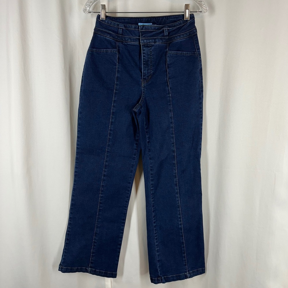 Draper James Sz 6 High Rise Trouser Jeans Dark Wash Seamed Straight Flare Denim
